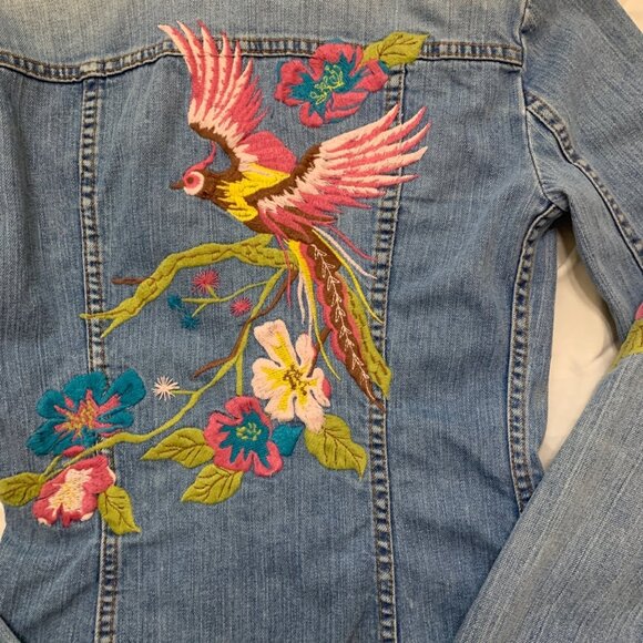 VTG Peacock Embroider Jean Jacket Extra Long Sleeves Y2K Fairygrunge dopamine - Picture 4 of 15
